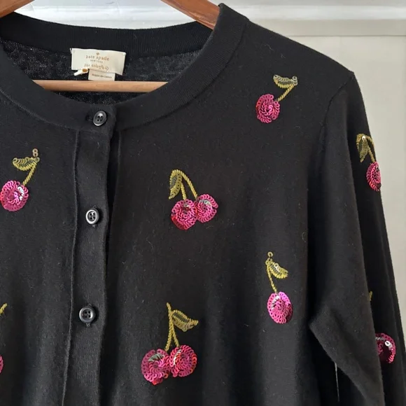 Kate Spade Sequin Cherries Black Cardigan Sweater Size L - Picture 5 of 16